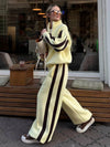 Striped Collared Sweatshirt Wide Leg Pants Set