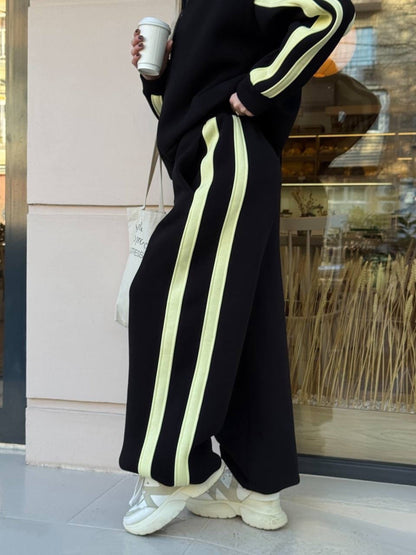 Striped Collared Sweatshirt Wide Leg Pants Set