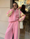 Striped Collared Sweatshirt Wide Leg Pants Set