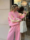 Striped Collared Sweatshirt Wide Leg Pants Set