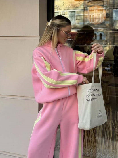Striped Collared Sweatshirt Wide Leg Pants Set