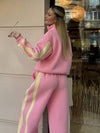 Striped Collared Sweatshirt Wide Leg Pants Set