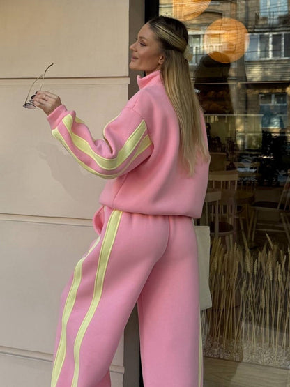 Striped Collared Sweatshirt Wide Leg Pants Set