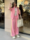 Striped Collared Sweatshirt Wide Leg Pants Set