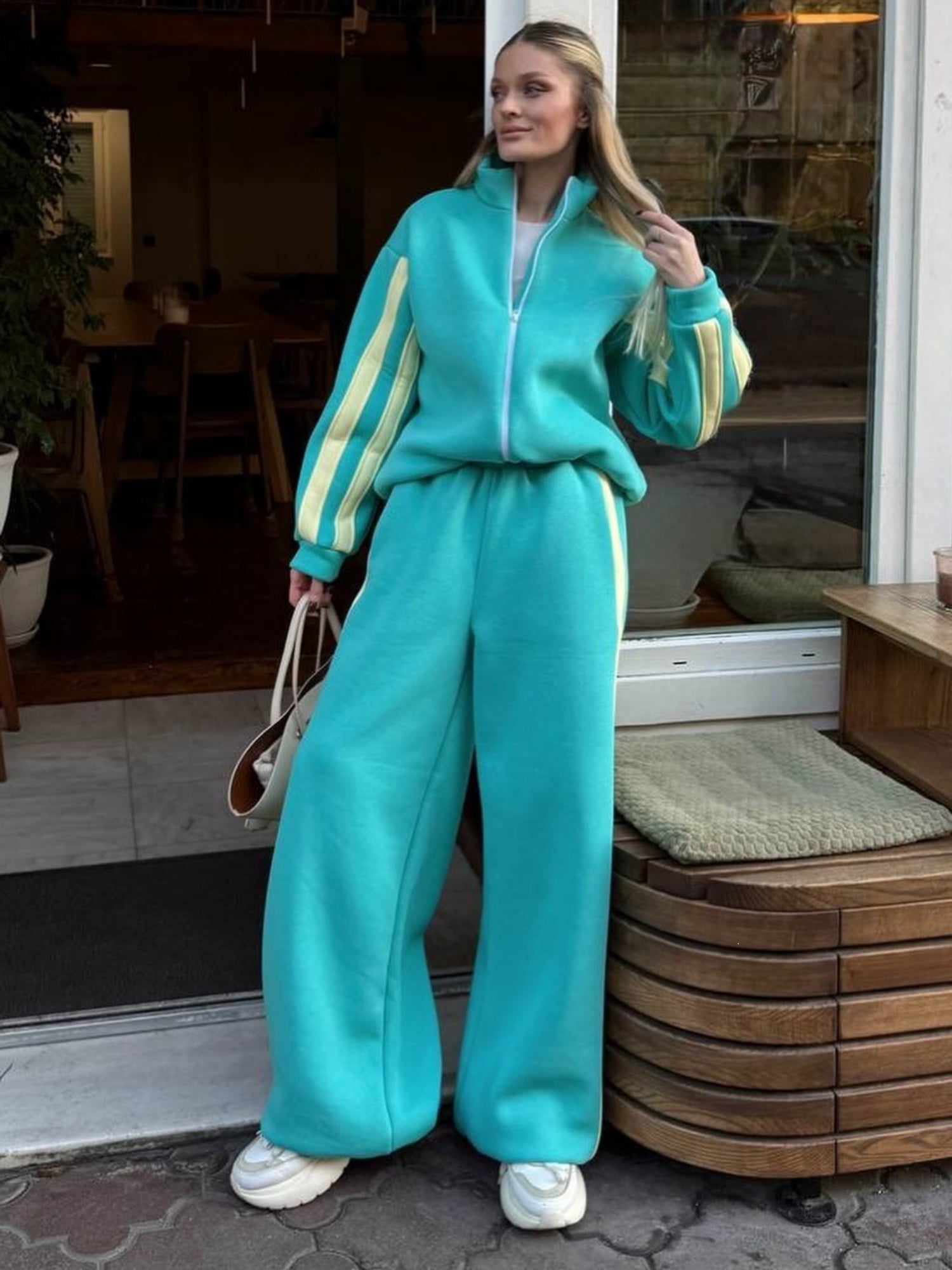 Striped Collared Sweatshirt Wide Leg Pants Set