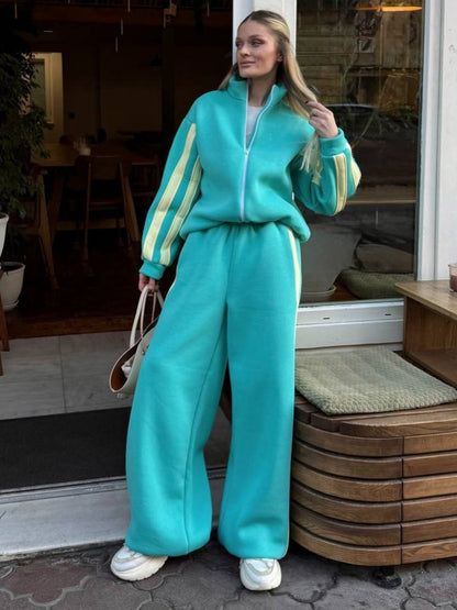 Striped Collared Sweatshirt Wide Leg Pants Set