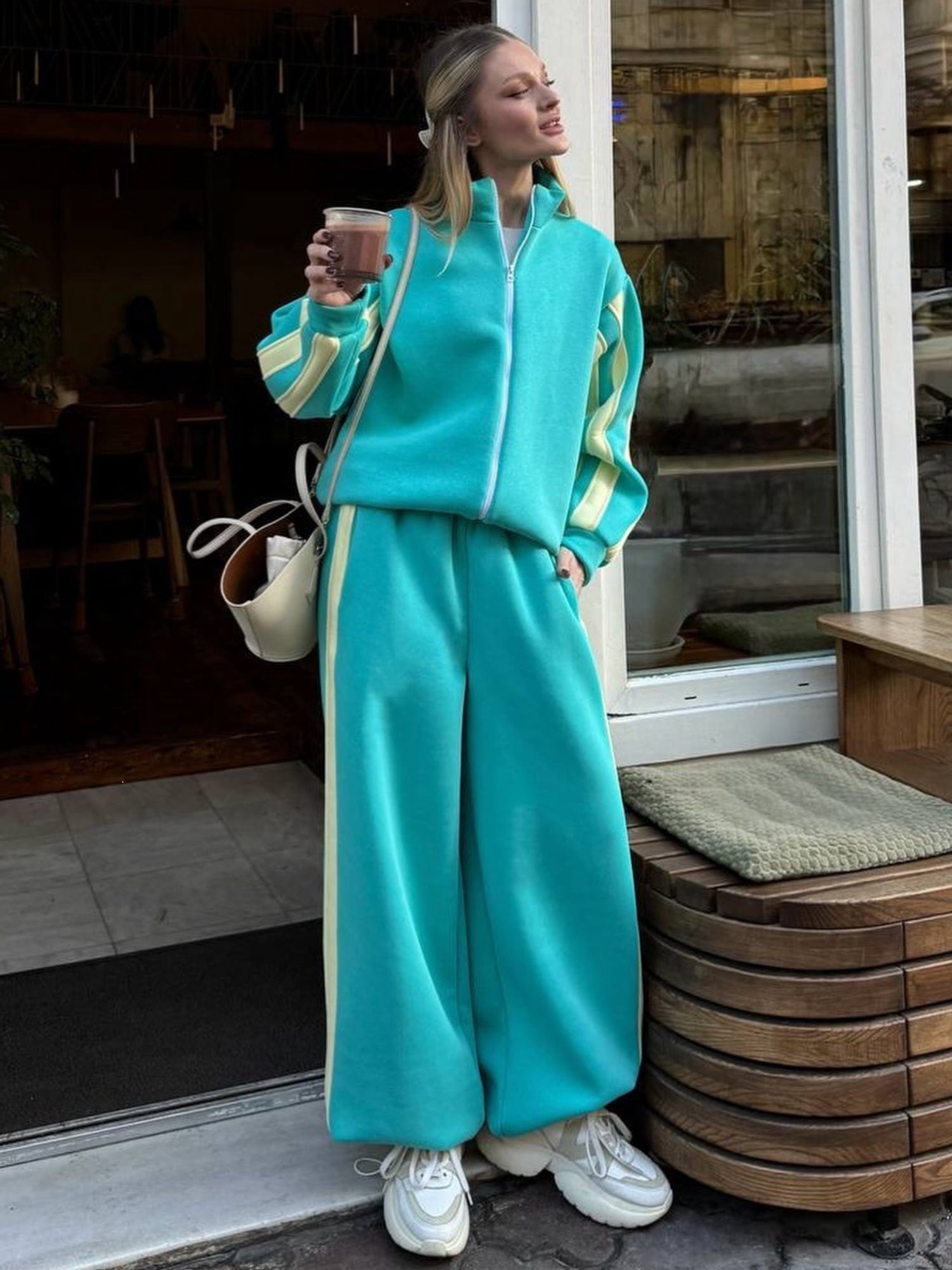 Striped Collared Sweatshirt Wide Leg Pants Set