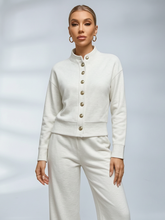 Stand Collar Button Sweatshirt Wide Leg Pants Set