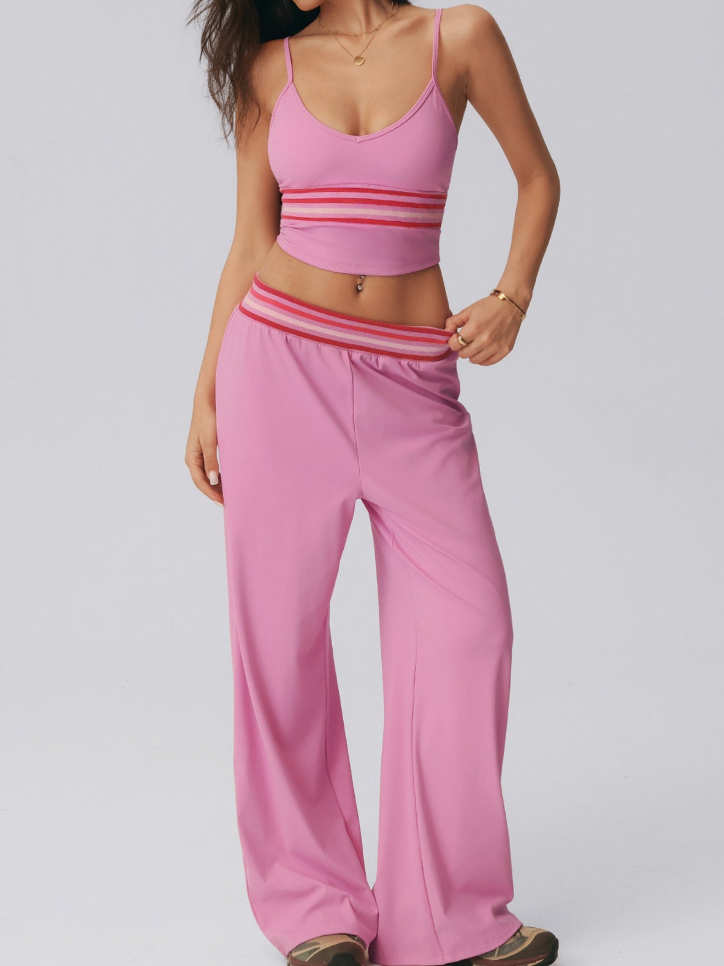 Striped Waist V-Neck Cami & Wide Leg Pants Set