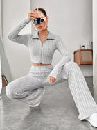 Ribbed Zip Crop Top & High Waist Flare Pants 2 Piece Set