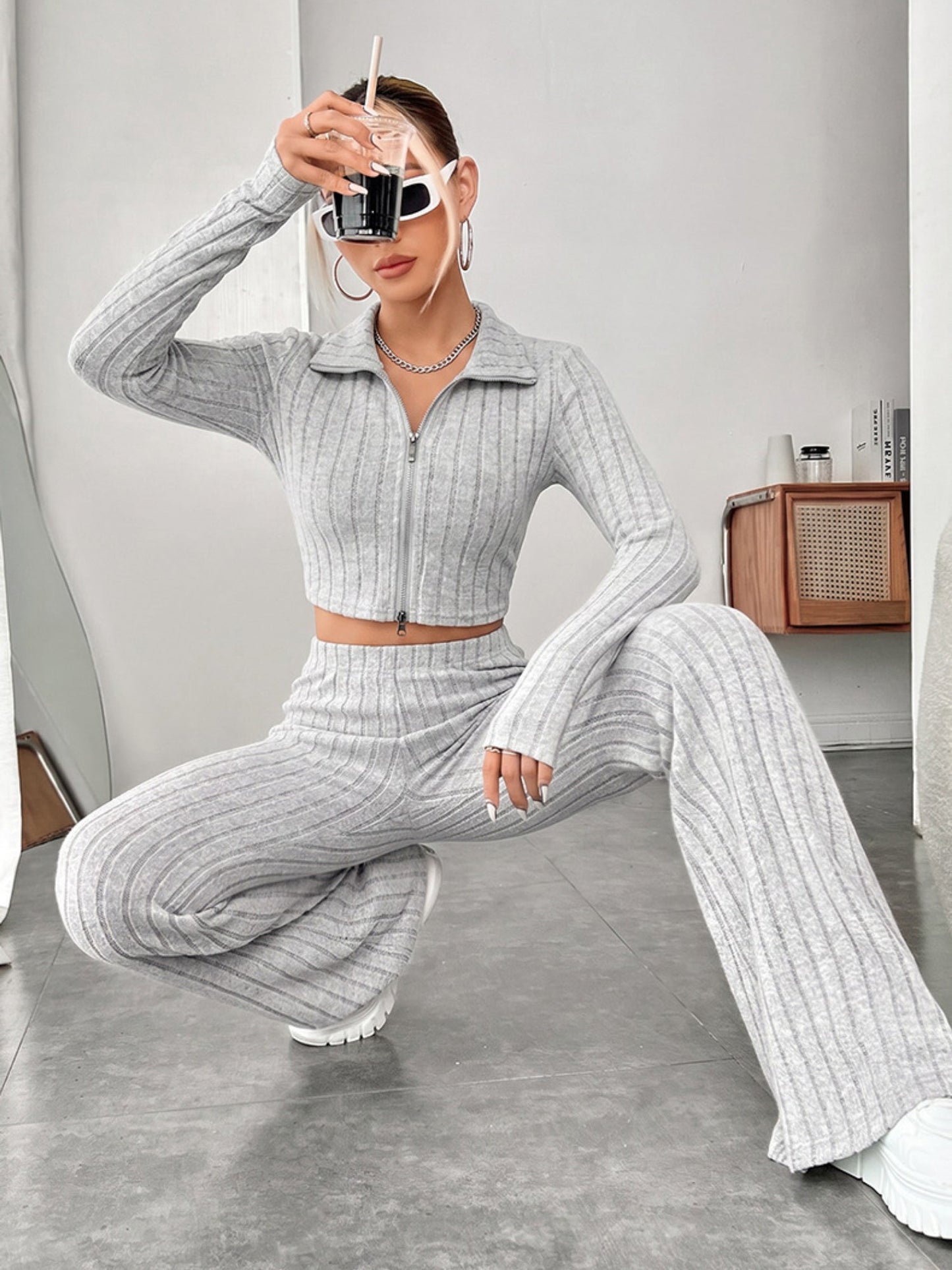 Ribbed Zip Crop Top & High Waist Flare Pants 2 Piece Set