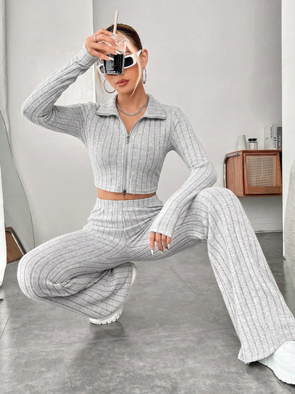 Ribbed Zip Crop Top & High Waist Flare Pants 2 Piece Set