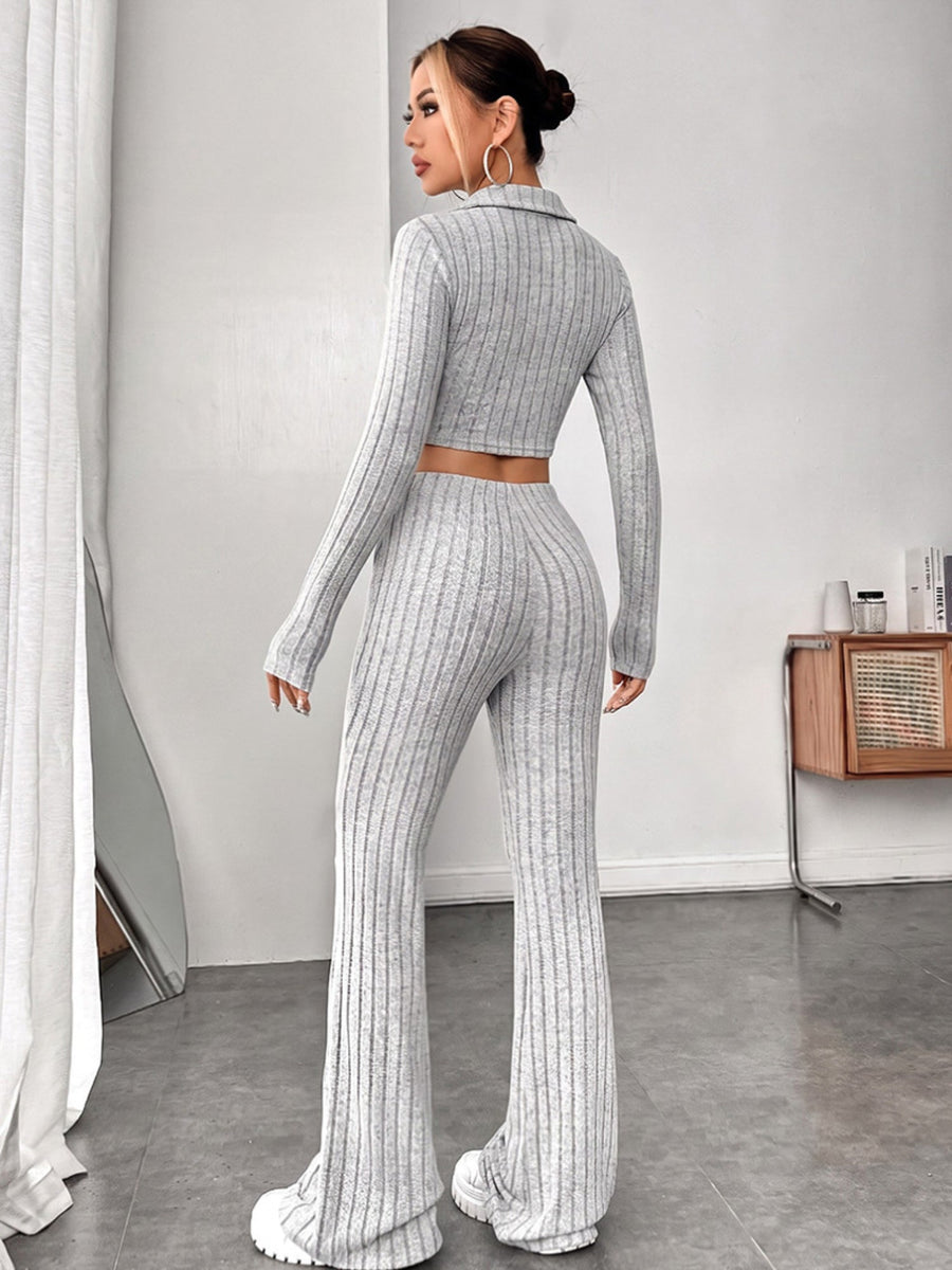 Ribbed Zip Crop Top & High Waist Flare Pants 2 Piece Set