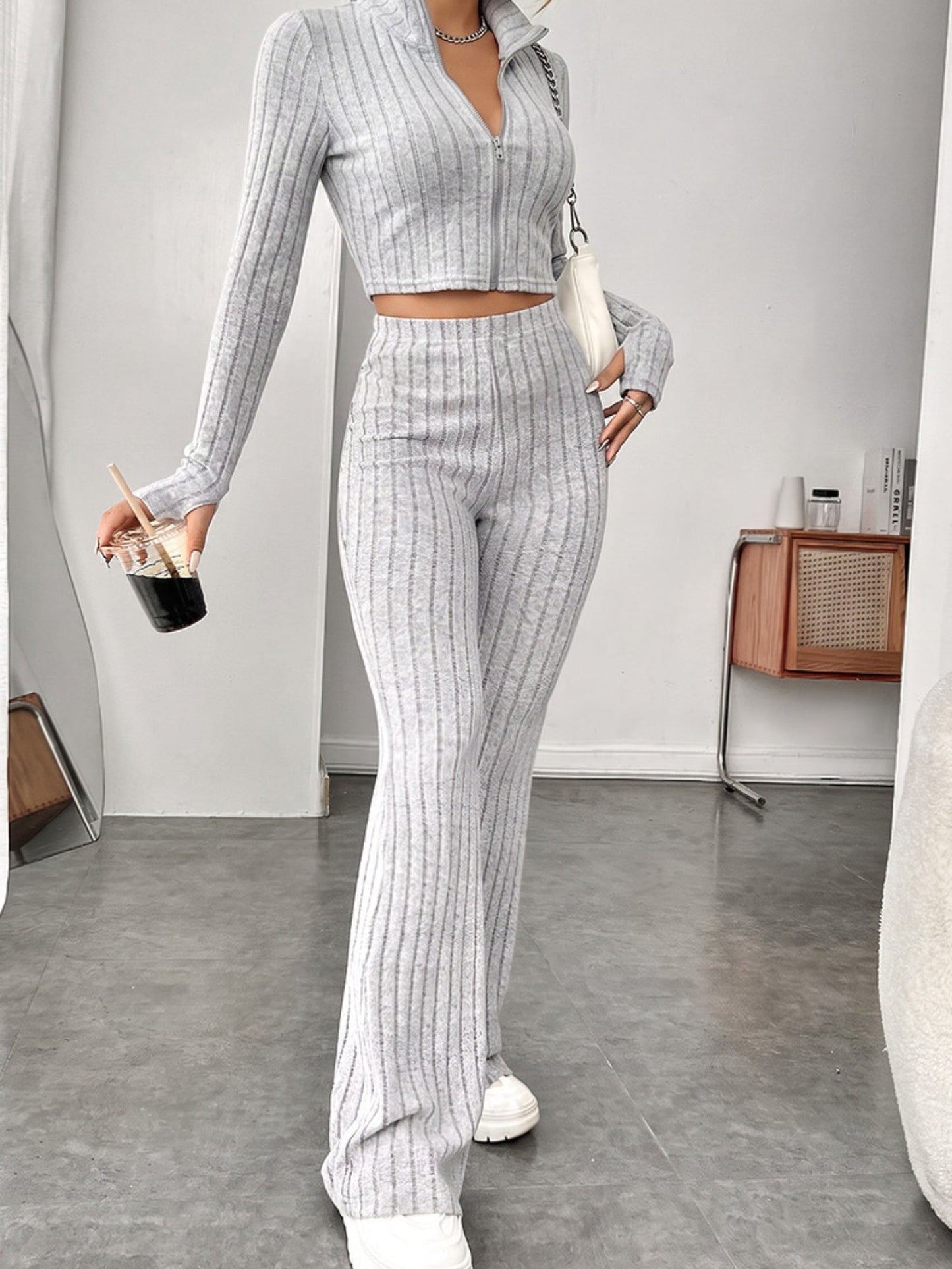 Ribbed Zip Crop Top & High Waist Flare Pants 2 Piece Set