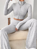 Ribbed Zip Crop Top & High Waist Flare Pants 2 Piece Set