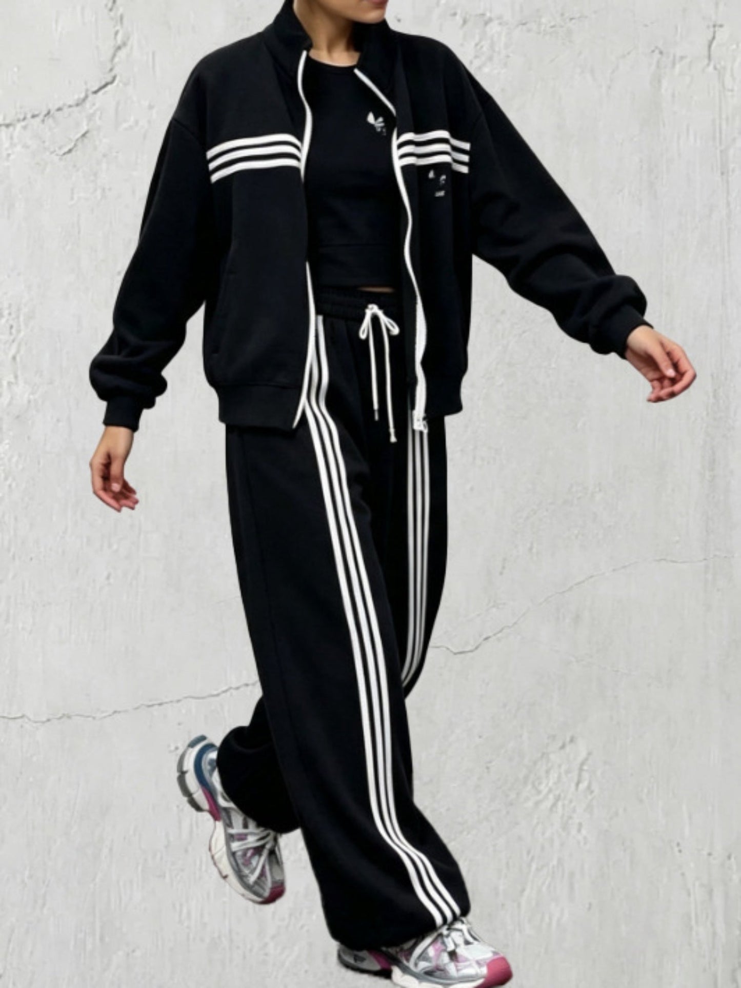 Streetwear Contrast Stripe Zip Jacket Sweatsuit