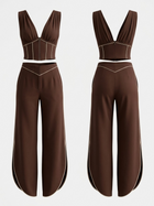 V-Neck Corset Crop Top Split Wide Leg Pants 2 Piece Set