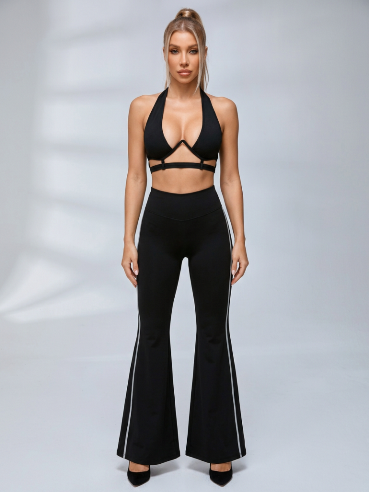 Halter Cutout Sports Bra High Waist Side Stripe Flare Pants 2 Piece Set