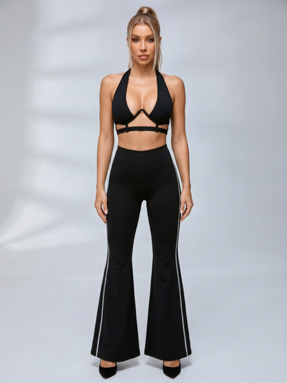 Halter Cutout Sports Bra High Waist Side Stripe Flare Pants 2 Piece Set