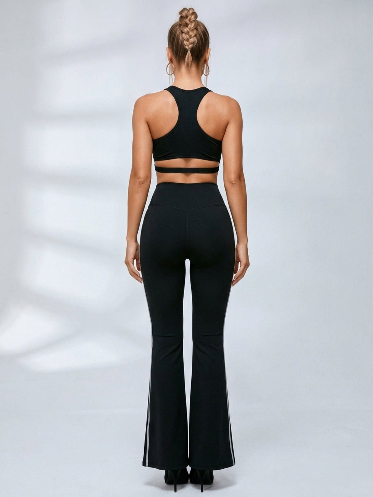 Halter Cutout Sports Bra High Waist Side Stripe Flare Pants 2 Piece Set