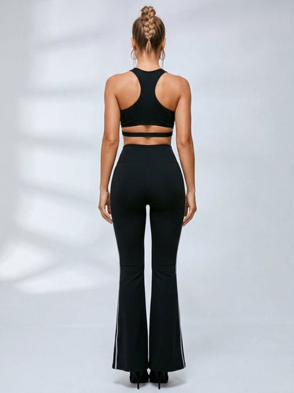 Halter Cutout Sports Bra High Waist Side Stripe Flare Pants 2 Piece Set