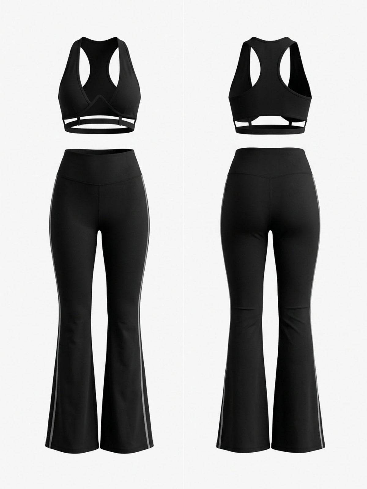 Halter Cutout Sports Bra High Waist Side Stripe Flare Pants 2 Piece Set