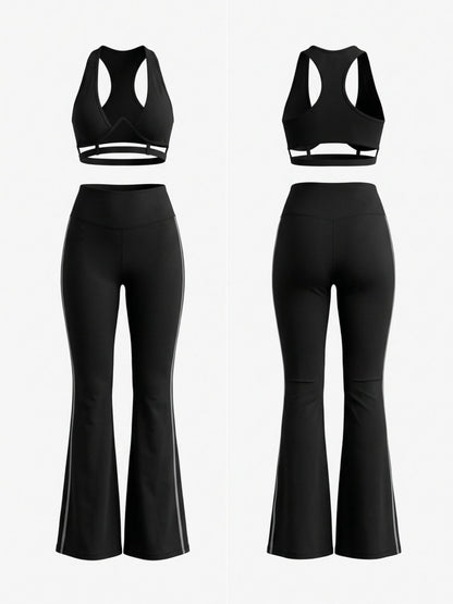 Halter Cutout Sports Bra High Waist Side Stripe Flare Pants 2 Piece Set