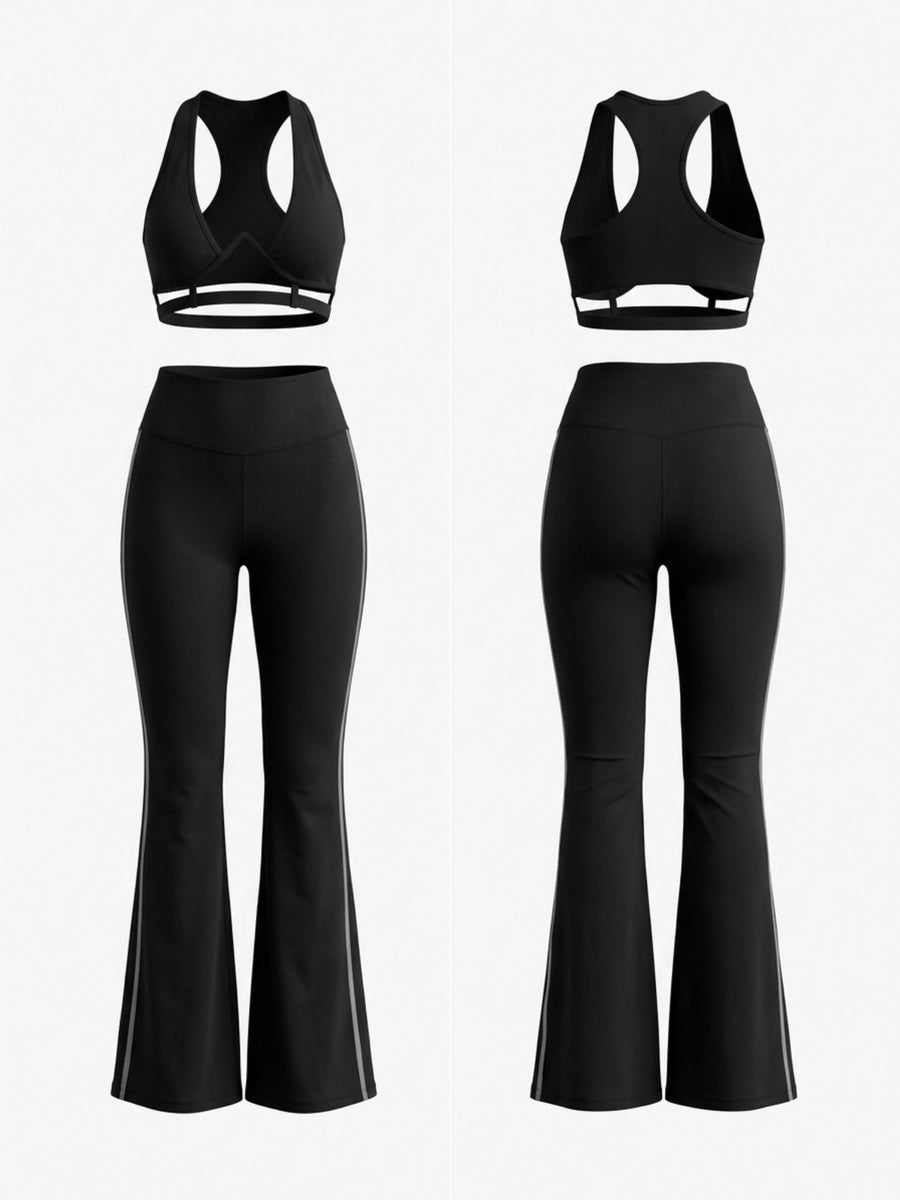 Halter Cutout Sports Bra High Waist Side Stripe Flare Pants 2 Piece Set