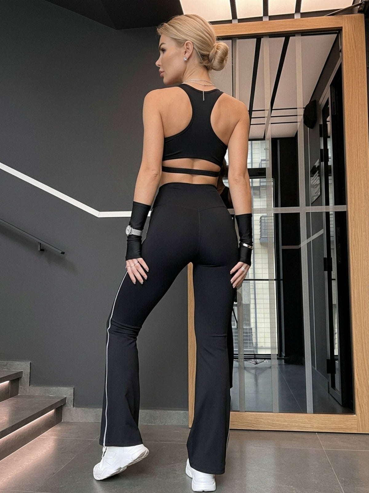 Halter Cutout Sports Bra High Waist Side Stripe Flare Pants 2 Piece Set
