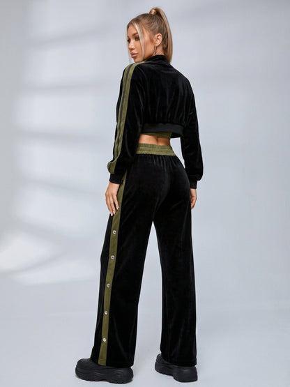 Velvet Stand Collar Jacket Side Snap Wide Leg Pants Tube Top 3 Piece Set