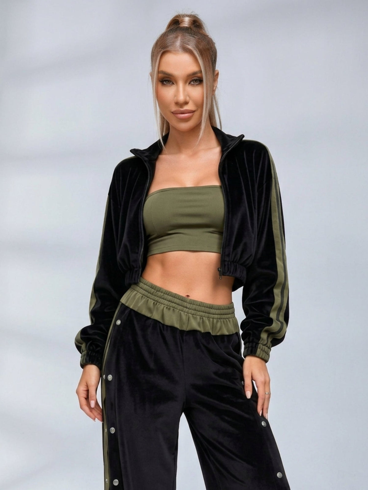 Velvet Stand Collar Jacket Side Snap Wide Leg Pants Tube Top 3 Piece Set