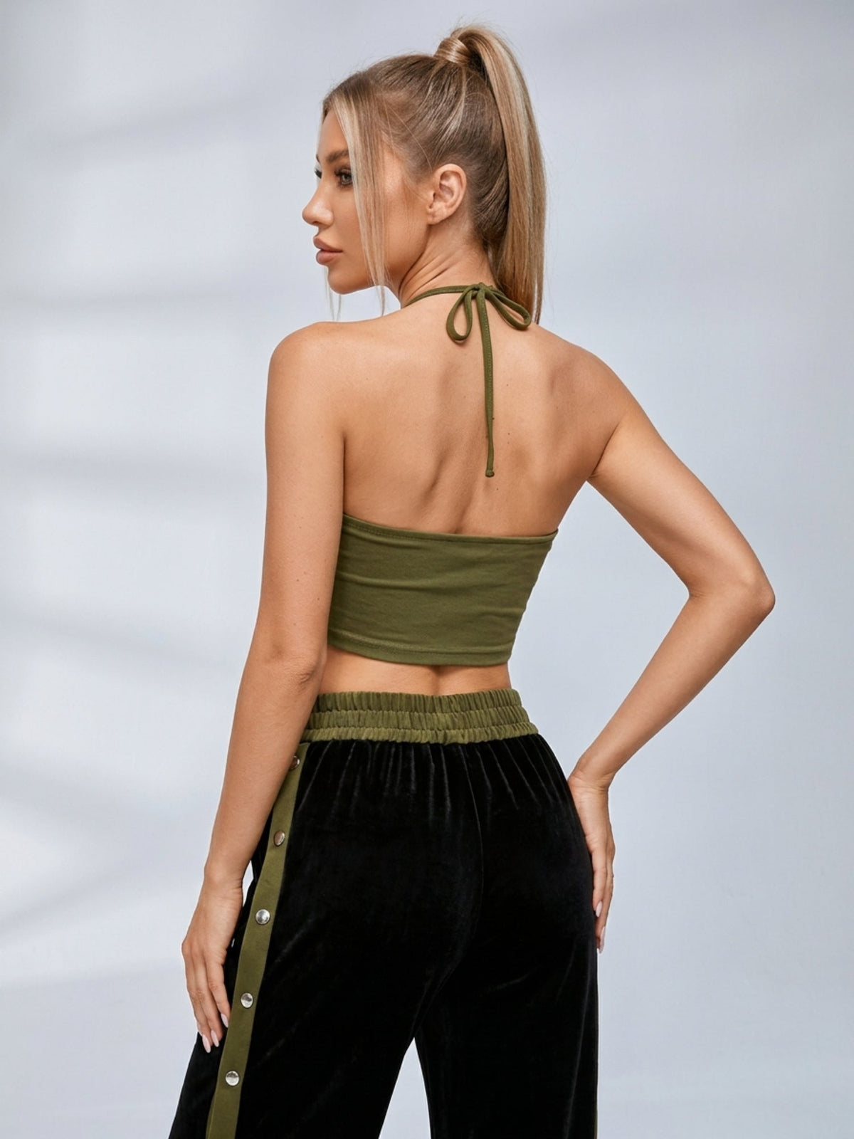 Velvet Stand Collar Jacket Side Snap Wide Leg Pants Tube Top 3 Piece Set
