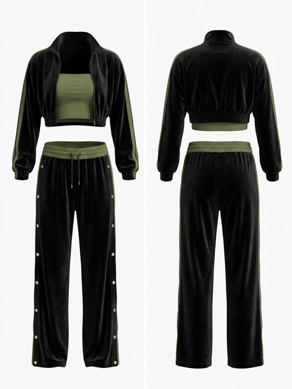 Velvet Stand Collar Jacket Side Snap Wide Leg Pants Tube Top 3 Piece Set
