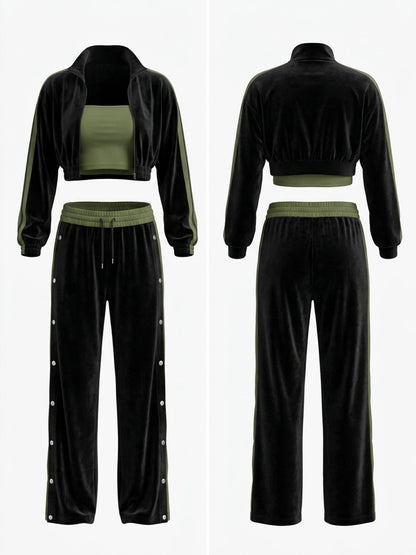 Velvet Stand Collar Jacket Side Snap Wide Leg Pants Tube Top 3 Piece Set