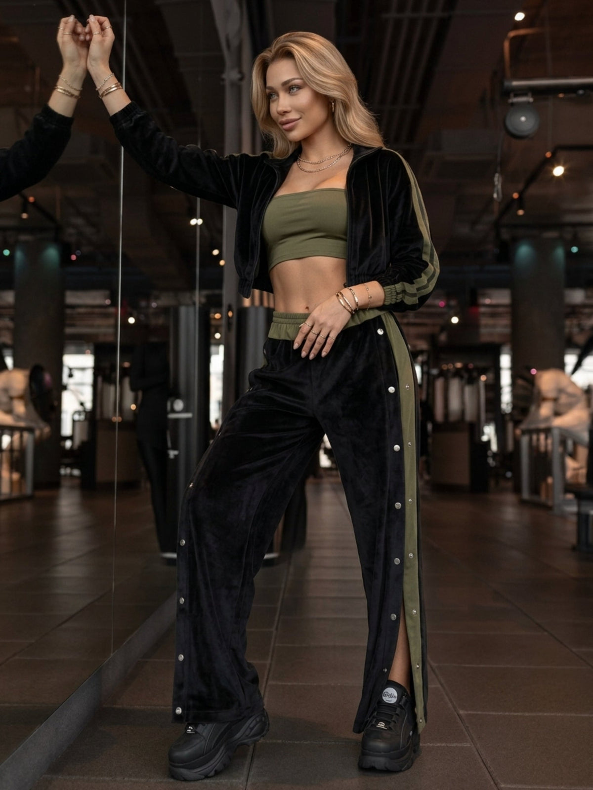 Velvet Stand Collar Jacket Side Snap Wide Leg Pants Tube Top 3 Piece Set
