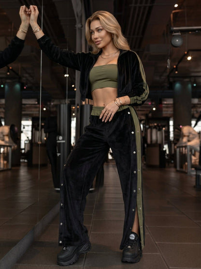 Velvet Stand Collar Jacket Side Snap Wide Leg Pants Tube Top 3 Piece Set