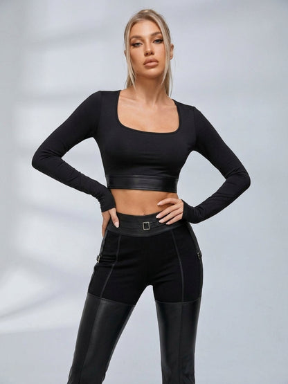 Backless Long Sleeve Crop Top Faux Leather Flare Pants 2 Piece Set