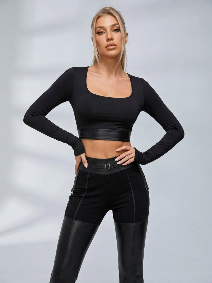 Backless Long Sleeve Crop Top Faux Leather Flare Pants 2 Piece Set