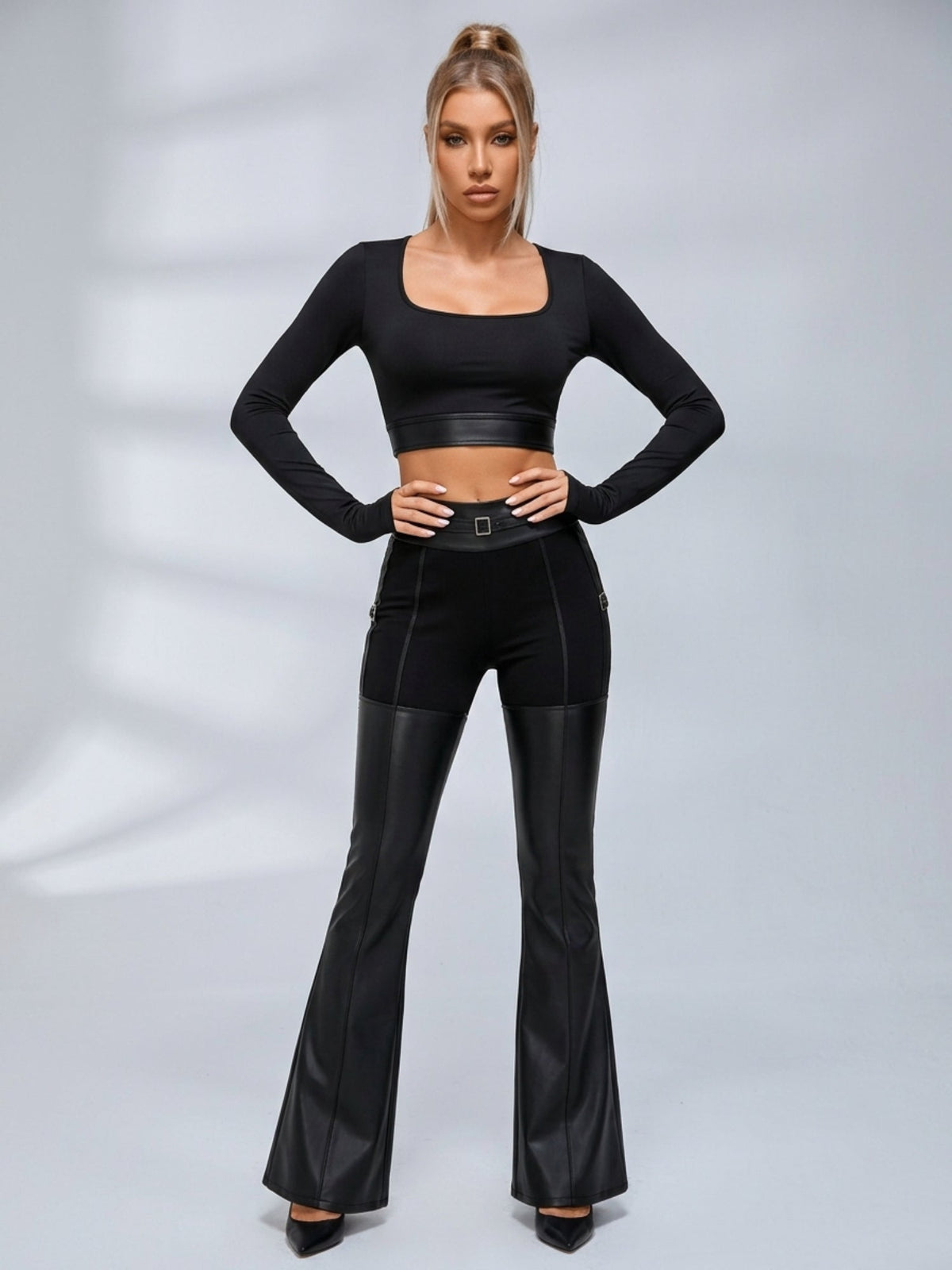 Backless Long Sleeve Crop Top Faux Leather Flare Pants 2 Piece Set