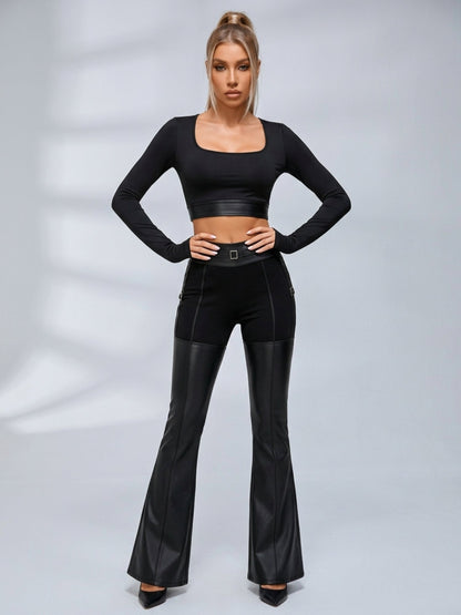 Backless Long Sleeve Crop Top Faux Leather Flare Pants 2 Piece Set