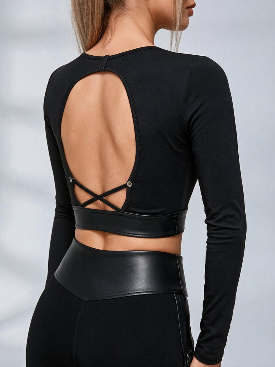 Backless Long Sleeve Crop Top Faux Leather Flare Pants 2 Piece Set
