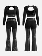 Backless Long Sleeve Crop Top Faux Leather Flare Pants 2 Piece Set