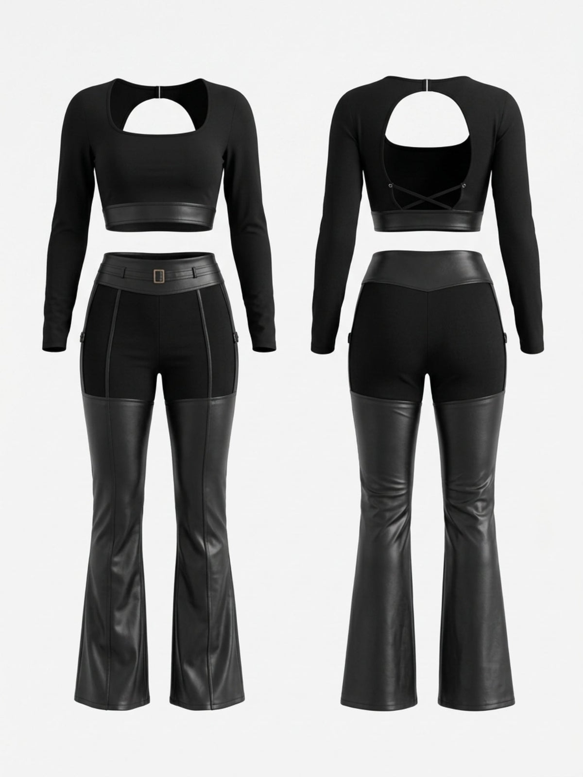 Backless Long Sleeve Crop Top Faux Leather Flare Pants 2 Piece Set