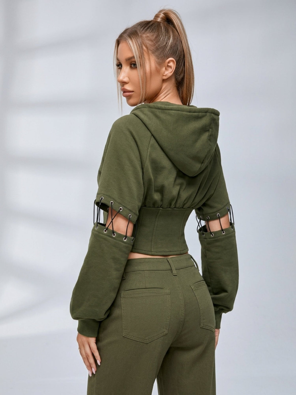 Army Green High Street Cutout Sleeve Waist Slim Hooded  2 Piece Set