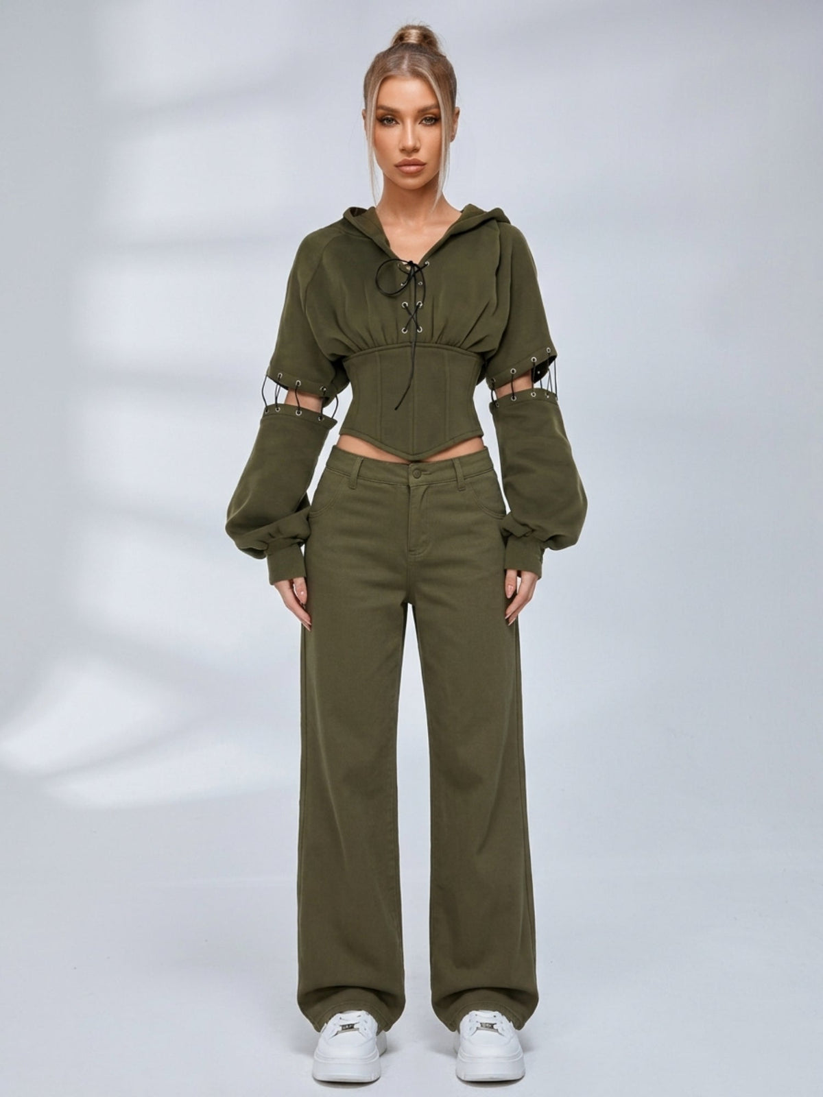 Army Green High Street Cutout Sleeve Waist Slim Hooded  2 Piece Set