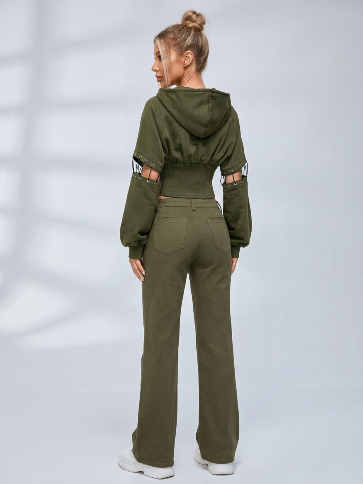 Army Green High Street Cutout Sleeve Waist Slim Hooded  2 Piece Set