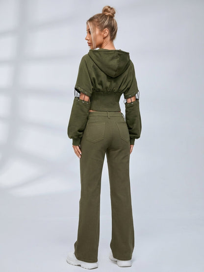 Army Green High Street Cutout Sleeve Waist Slim Hooded  2 Piece Set