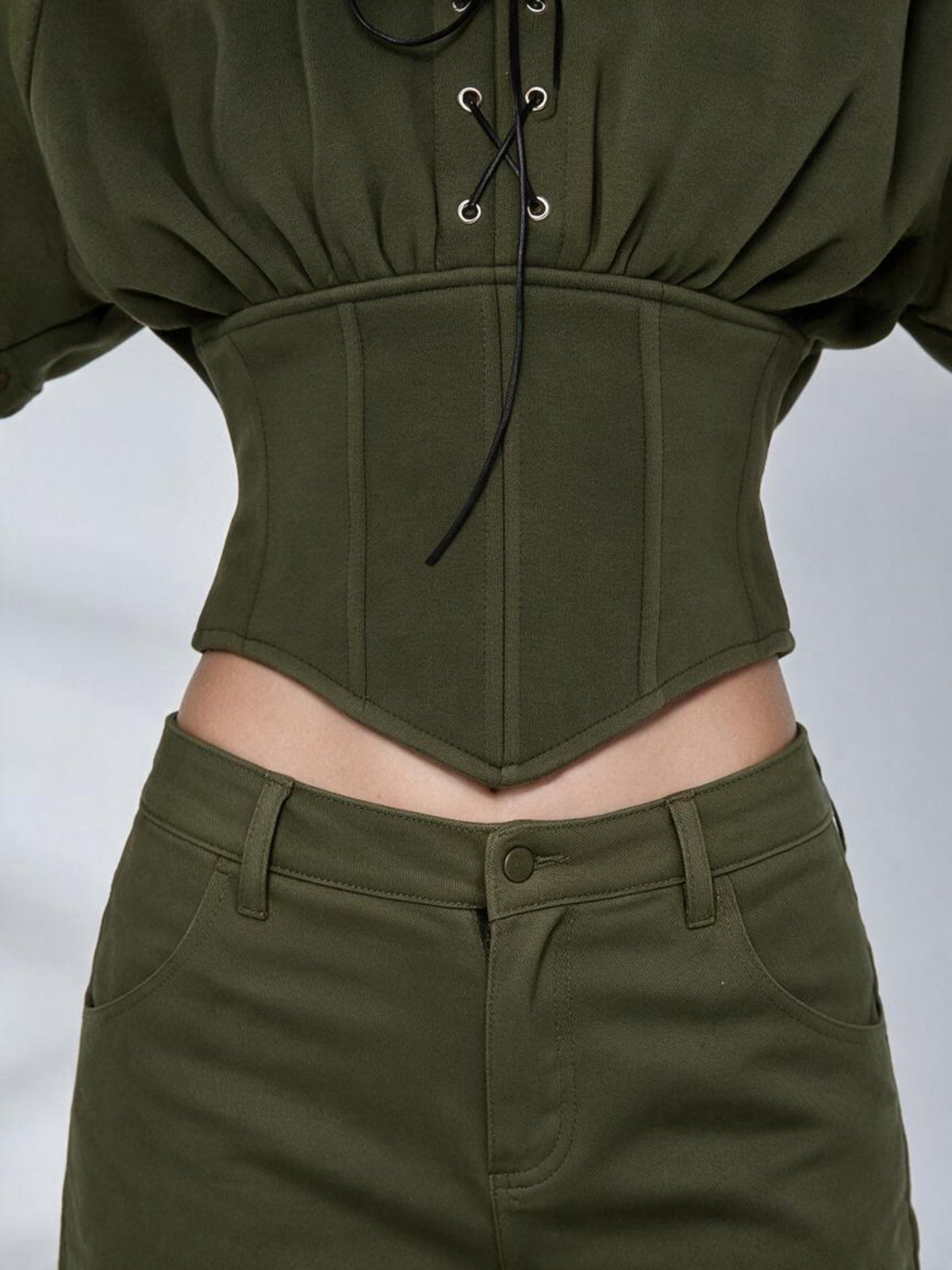 Army Green High Street Cutout Sleeve Waist Slim Hooded  2 Piece Set