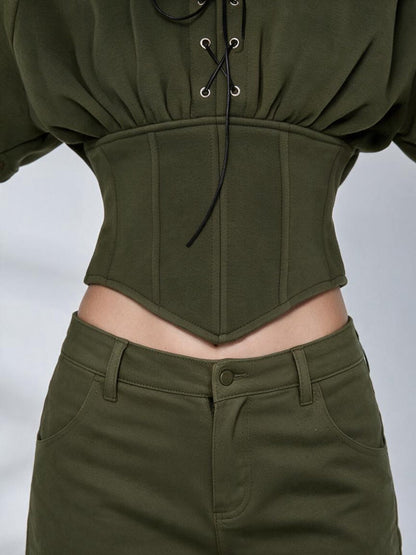 Army Green High Street Cutout Sleeve Waist Slim Hooded  2 Piece Set