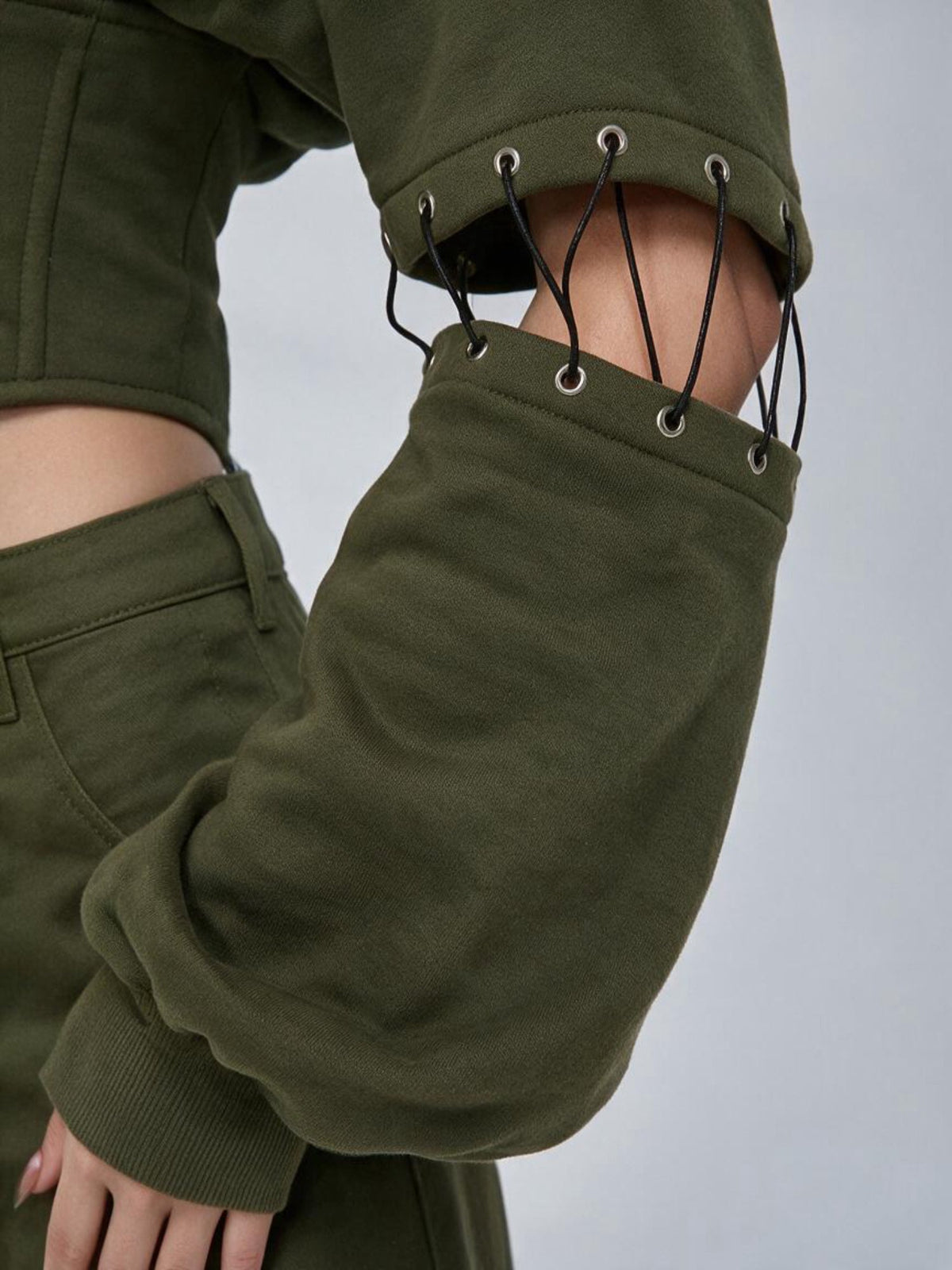 Army Green High Street Cutout Sleeve Waist Slim Hooded  2 Piece Set